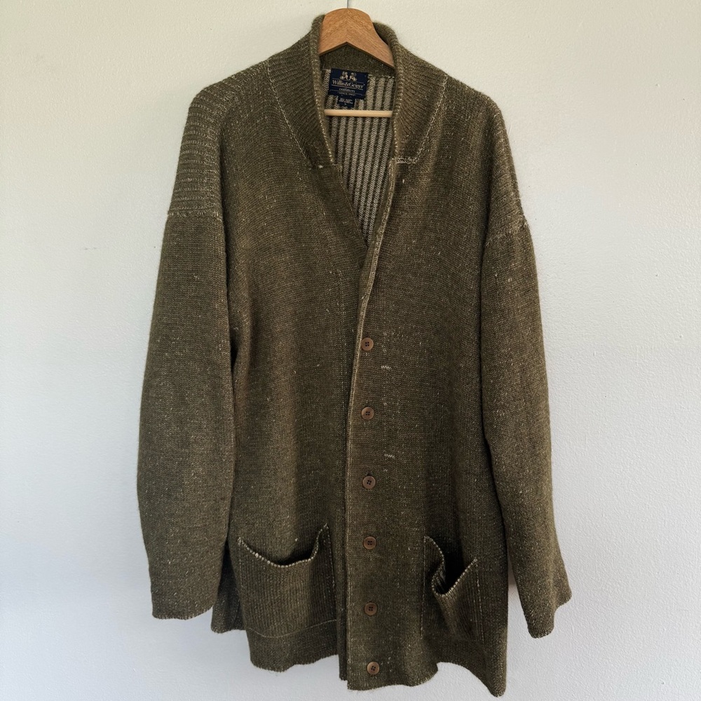 Vintage Willis & Geiger Cardigan Sweater Jacket Large Green Alpaca Linen Ireland